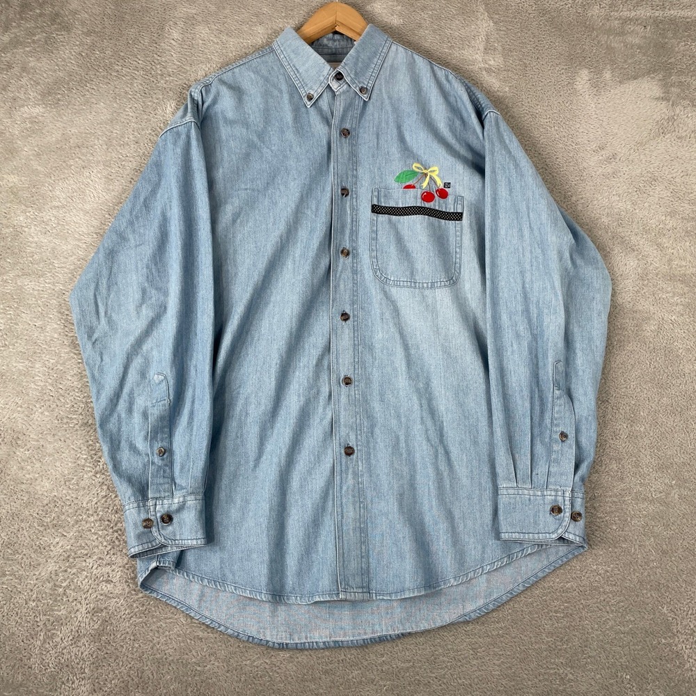 Mary Engelbreit Denim Shirt Womens Medium Cherry Embroidery Polka Dot Vintage